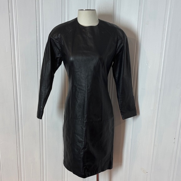 Dresses & Skirts - Vintage AMBRIA Black Genuine Leather Fitted Dress | Quilted Shoulders | Size 10